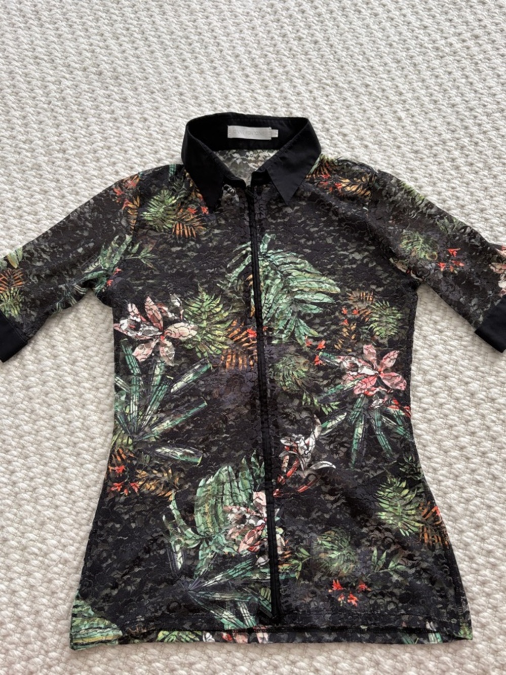 Anne Fontaine Black Lace Tropical Print Button-Up Top 36
